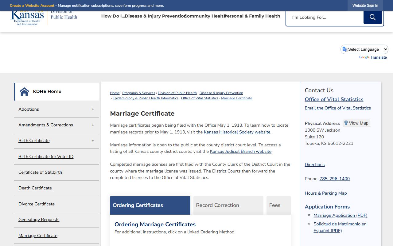 Russell County marriage records certified certificate ordering through KDHE