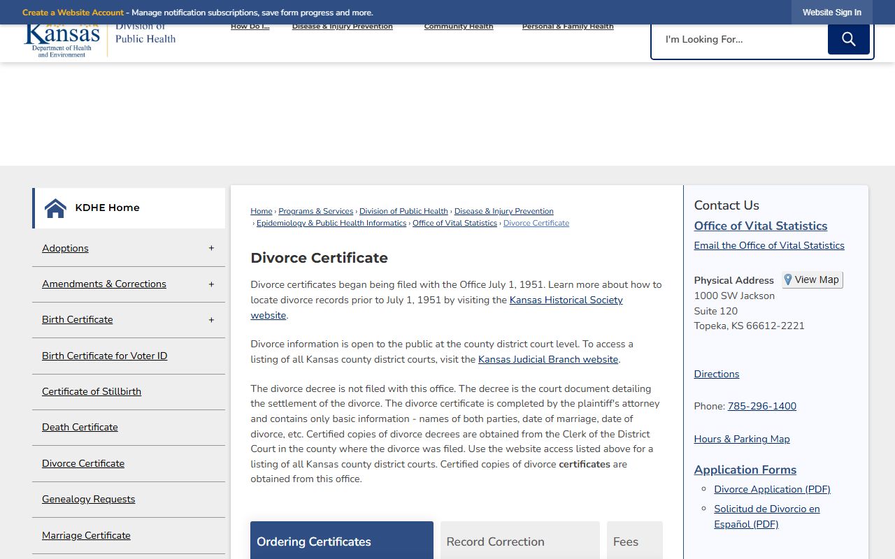 Russell County divorce records KDHE divorce certificate and decree distinction
